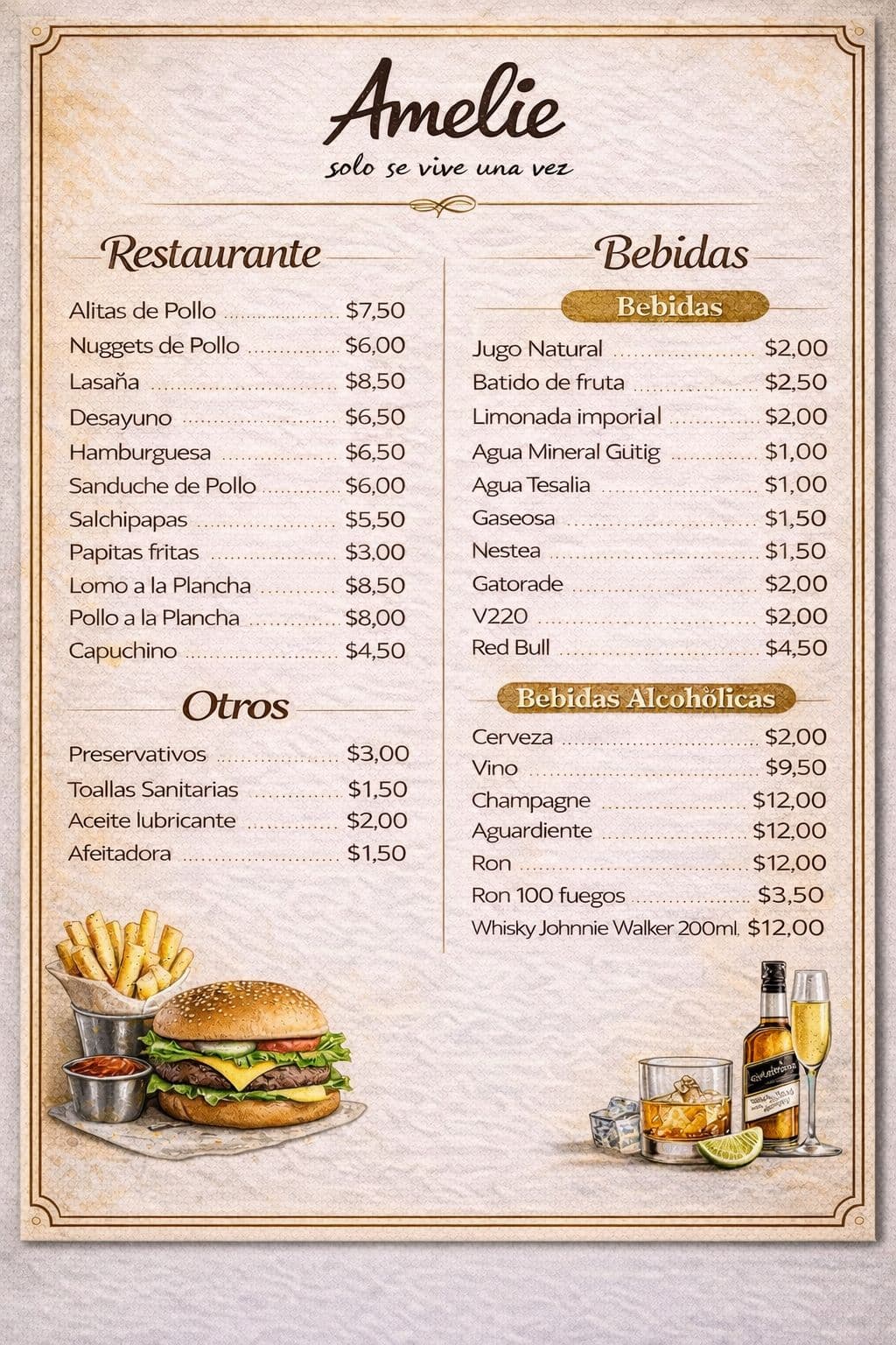 Menú del restaurante Motel Amelie VIP